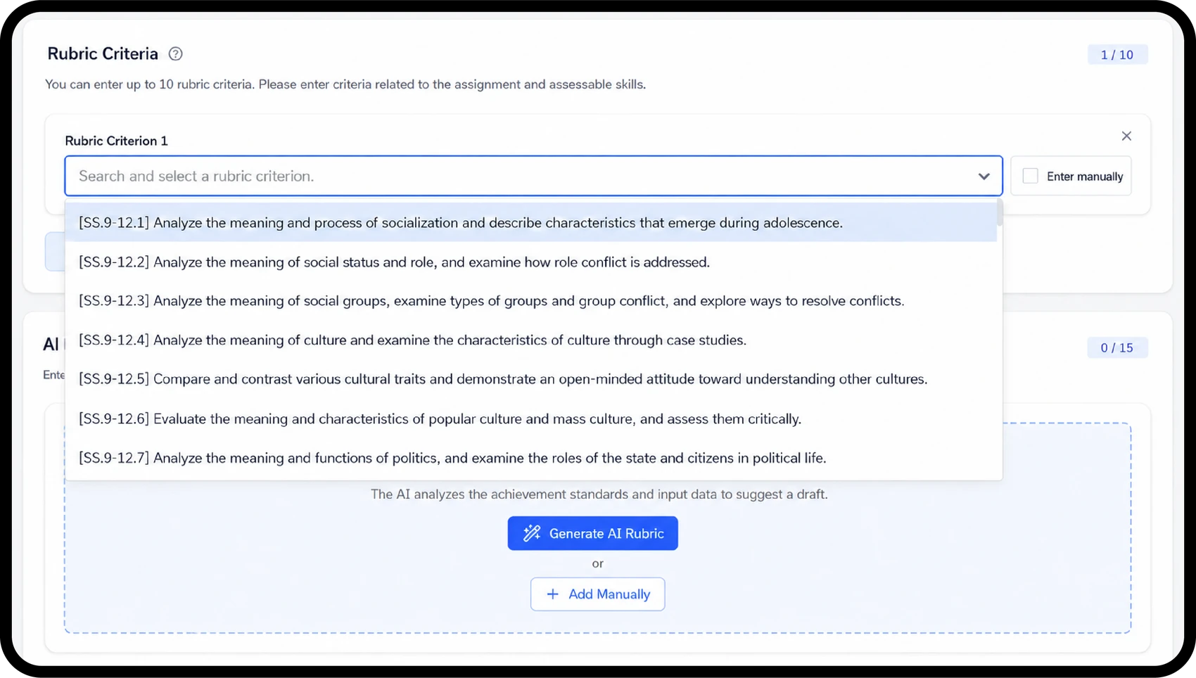 CLIPO assessment design screen: selecting national curriculum achievement standards, with an AI-generate-rubric action.