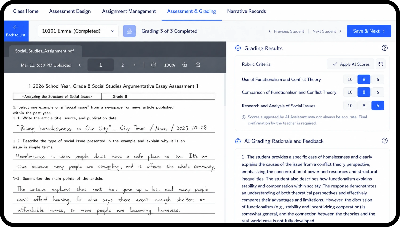 CLIPO grading screen: handwritten answer on the left, AI scores per rubric criterion with rationale and feedback on the right.