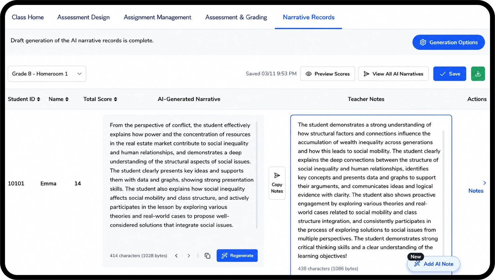 CLIPO records screen: AI-drafted narrative student records generated from task performance, ready for the teacher to refine.