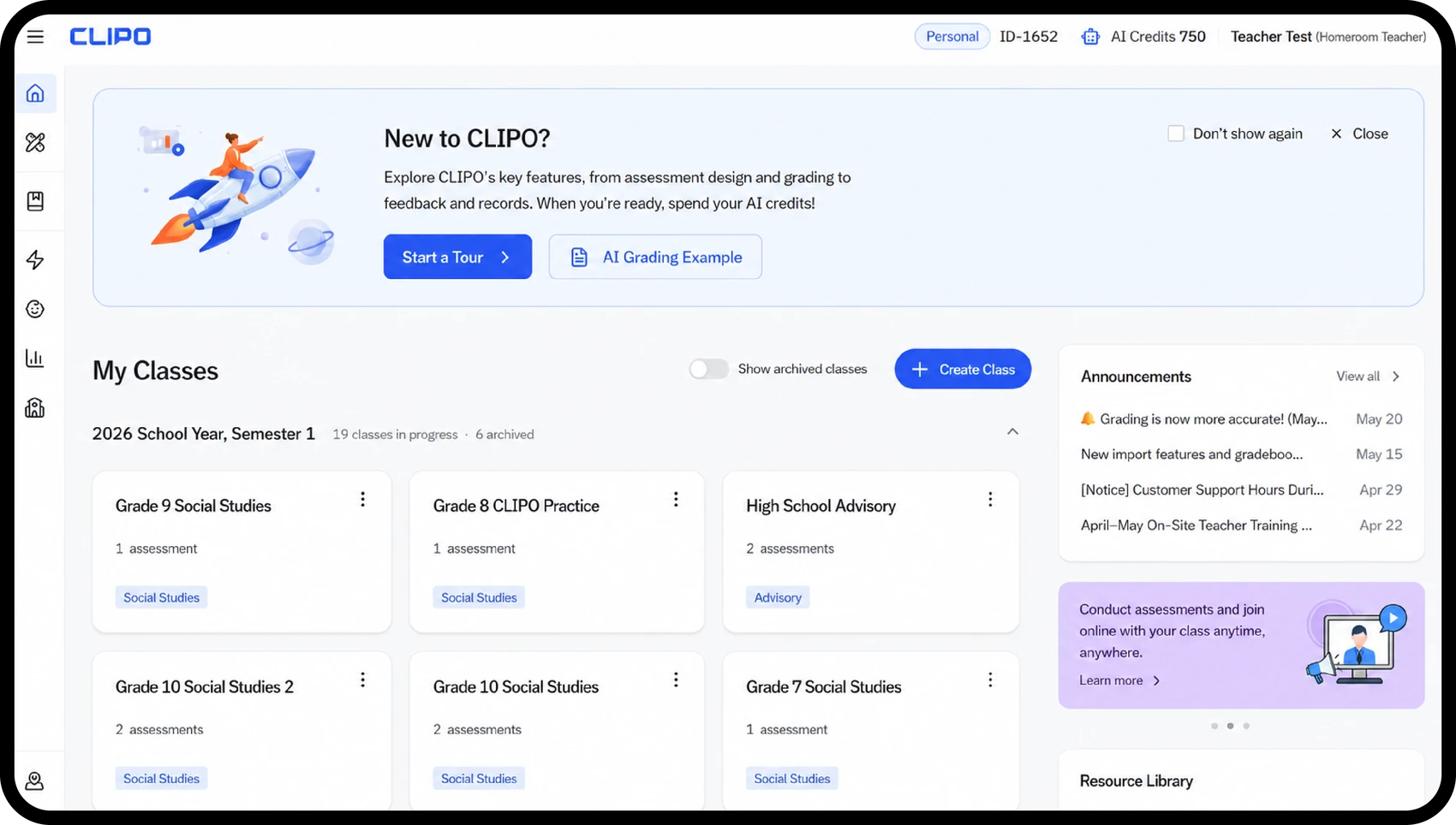 The CLIPO teacher dashboard: classes and assessments, with AI features for assessment design, grading, feedback, and student records.
